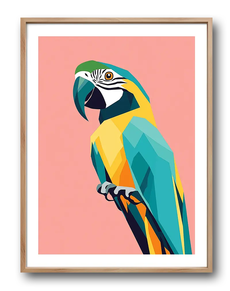 A vibrant geometric illustration of a colorful parrot on a soft pink background. Perfect wall art for adding a tropical and modern touch to any space, bringing a splash of color and creativity