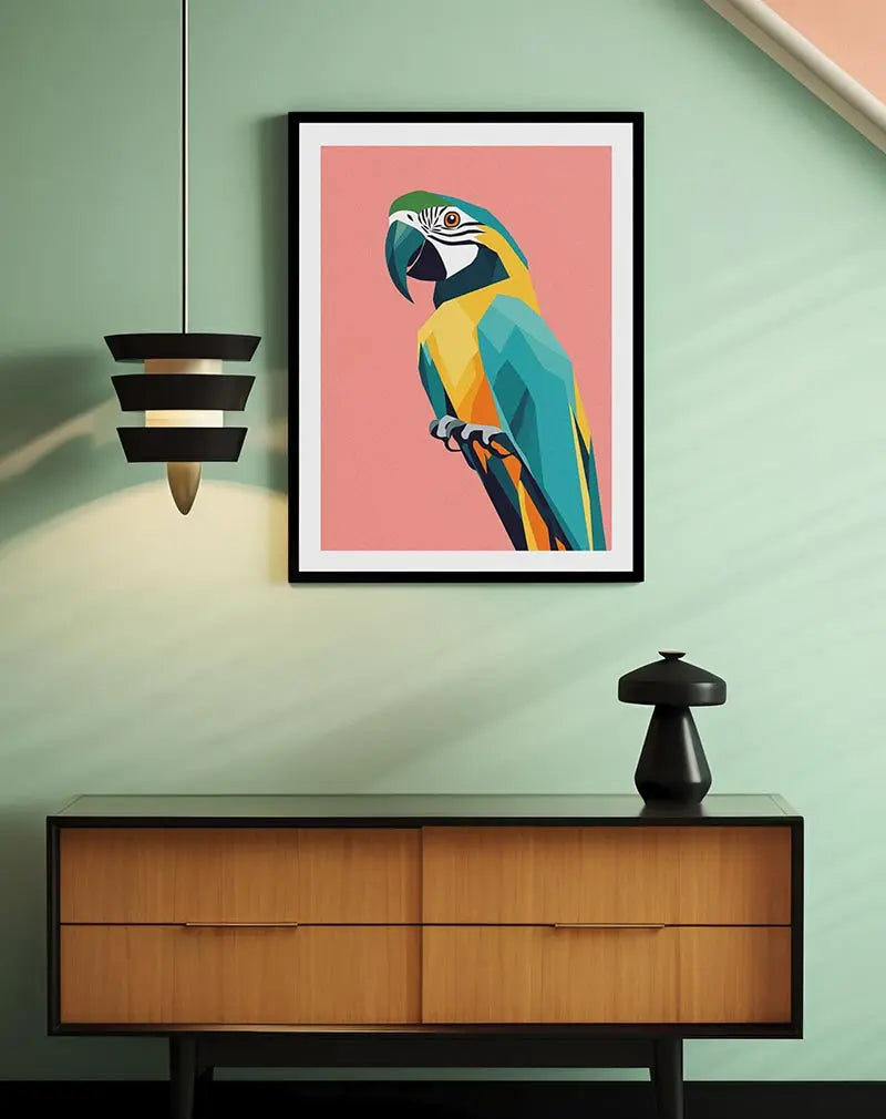 A vibrant geometric illustration of a colorful parrot on a soft pink background. Perfect wall art for adding a tropical and modern touch to any space, bringing a splash of color and creativity