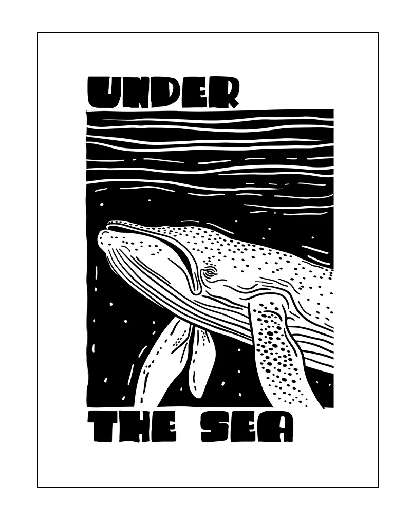 A black and white illustration of a whale with the text "Under the Sea". Perfect wall art for ocean lovers, adding a nautical and artistic touch to any room