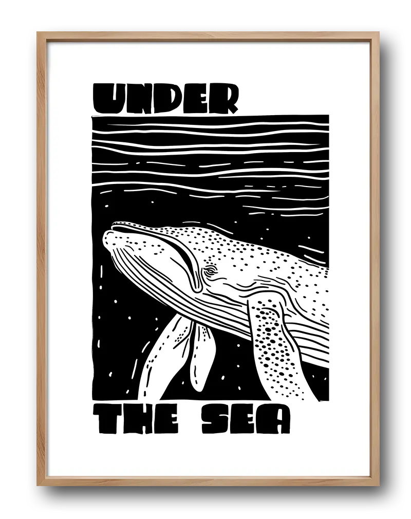 A black and white illustration of a whale with the text "Under the Sea". Perfect wall art for ocean lovers, adding a nautical and artistic touch to any room