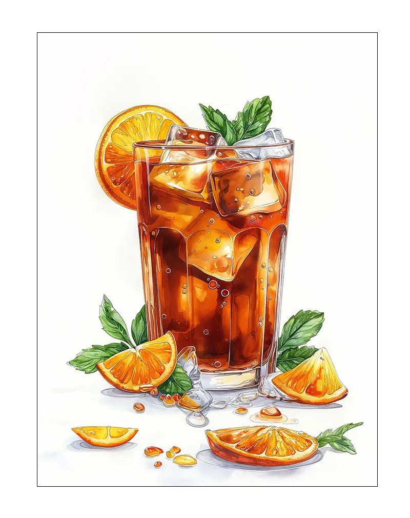 A vibrant illustration of a refreshing iced tea with orange slices and mint leaves. Perfect wall art for kitchens or dining areas, adding a fresh and inviting feel to your space