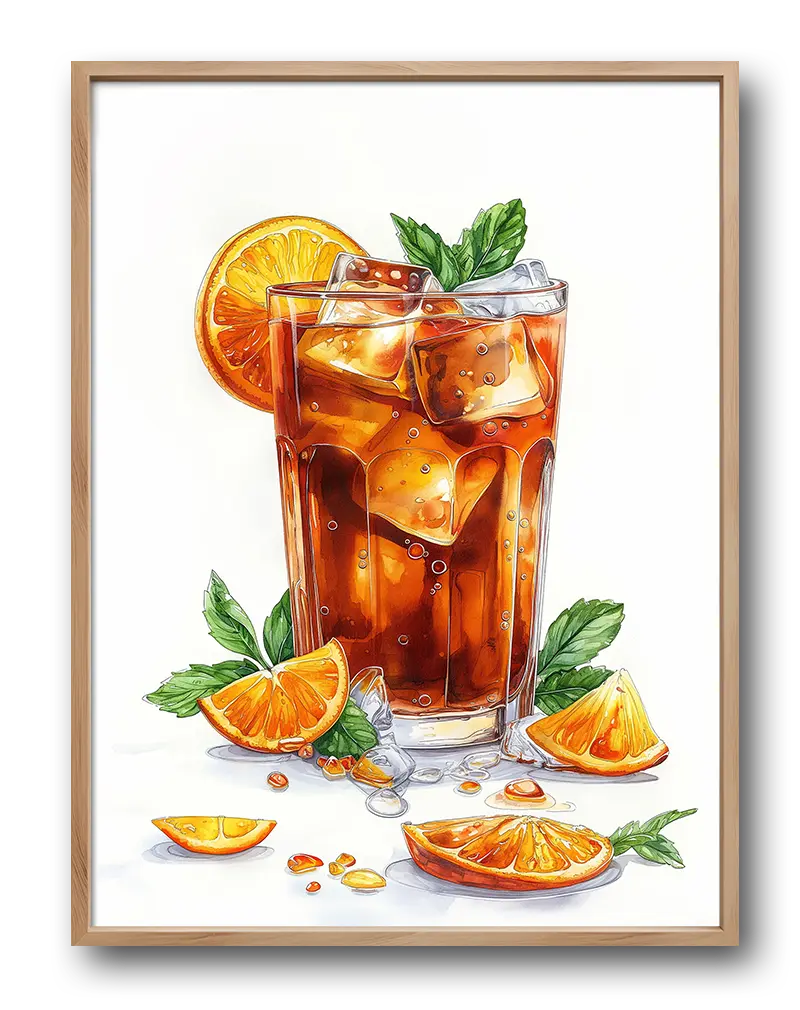 A vibrant illustration of a refreshing iced tea with orange slices and mint leaves. Perfect wall art for kitchens or dining areas, adding a fresh and inviting feel to your space