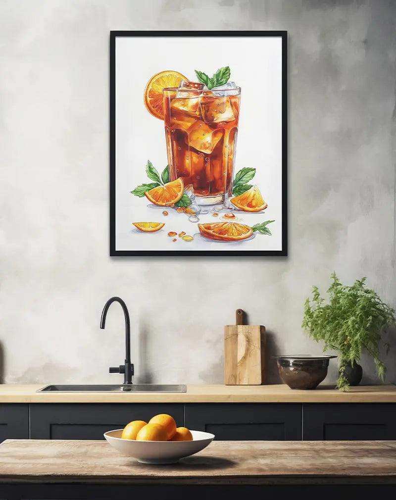 A vibrant illustration of a refreshing iced tea with orange slices and mint leaves. Perfect wall art for kitchens or dining areas, adding a fresh and inviting feel to your space