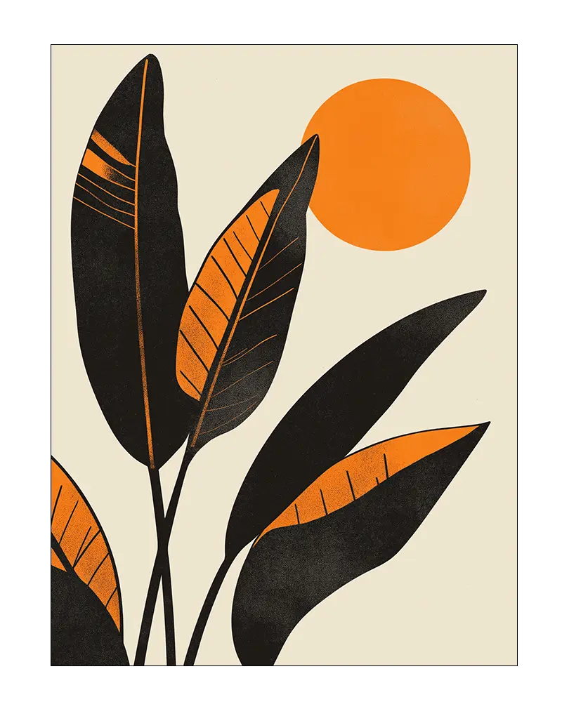 A modern abstract illustration featuring bold black tropical leaves and an orange sun in a minimalist design. This striking wall art brings a sense of warmth and nature into any space, perfect for a living room or office. An ideal poster for lovers of contemporary design and natural elements