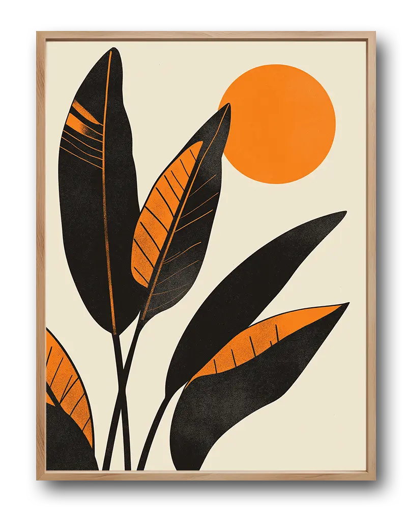 A modern abstract illustration featuring bold black tropical leaves and an orange sun in a minimalist design. This striking wall art brings a sense of warmth and nature into any space, perfect for a living room or office. An ideal poster for lovers of contemporary design and natural elements