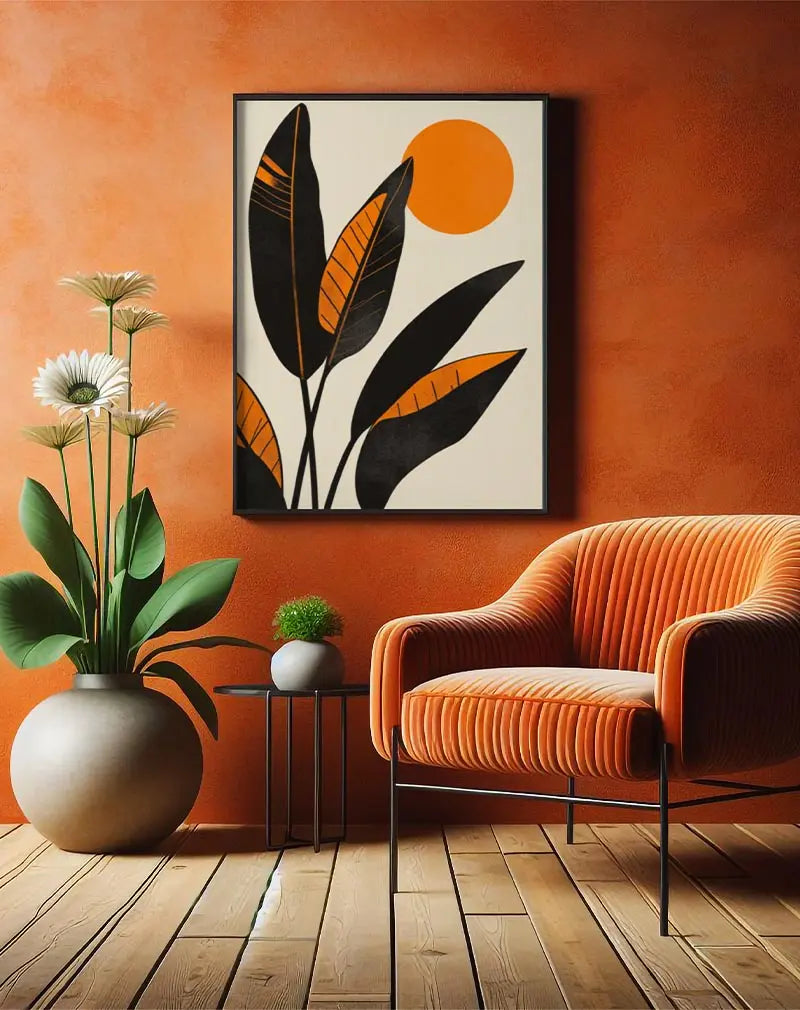 A modern abstract illustration featuring bold black tropical leaves and an orange sun in a minimalist design. This striking wall art brings a sense of warmth and nature into any space, perfect for a living room or office. An ideal poster for lovers of contemporary design and natural elements