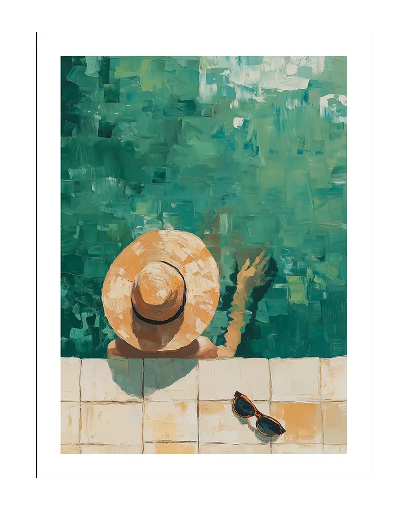 A serene illustration of a woman relaxing in a pool, seen from above, with a wide-brimmed sun hat. Her sunglasses rest on the poolside tiles, evoking a calm and laid-back atmosphere. Perfect wall art for creating a tranquil, summer vibe in any space, ideal for living rooms or patios