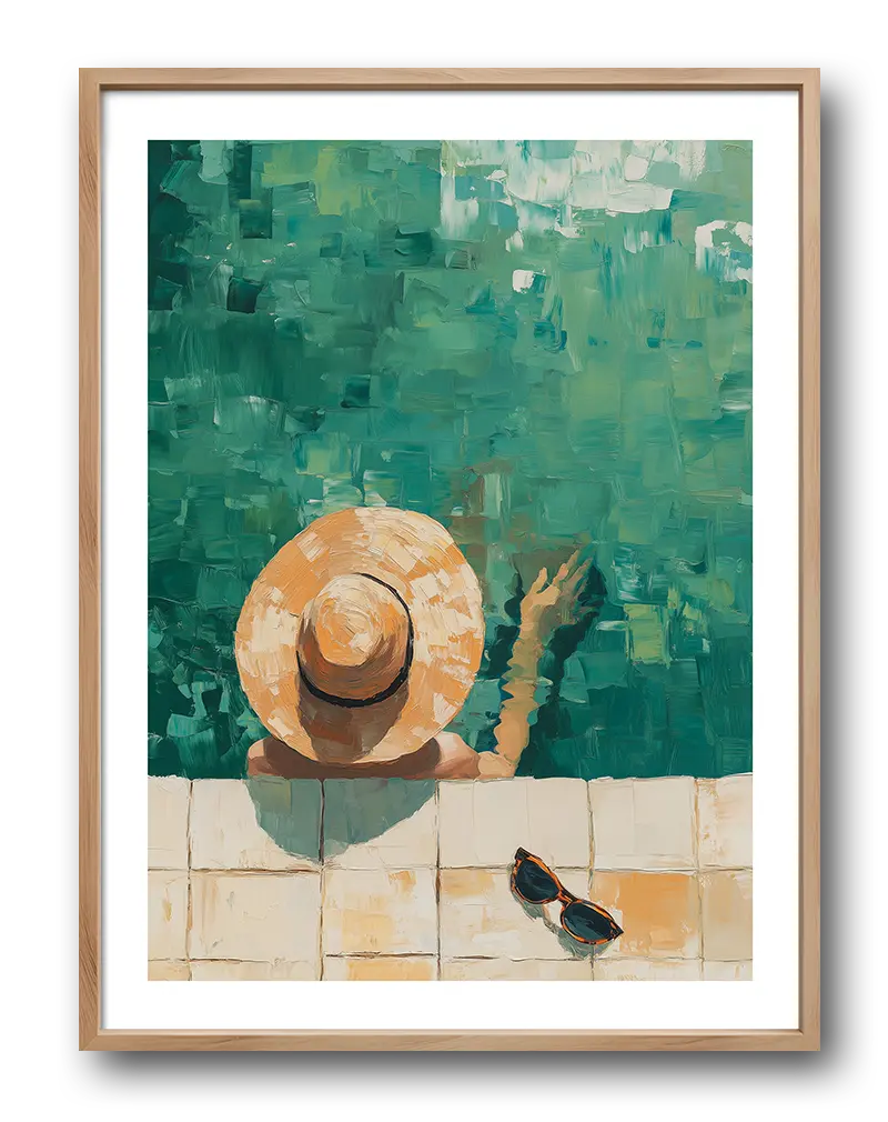 A serene illustration of a woman relaxing in a pool, seen from above, with a wide-brimmed sun hat. Her sunglasses rest on the poolside tiles, evoking a calm and laid-back atmosphere. Perfect wall art for creating a tranquil, summer vibe in any space, ideal for living rooms or patios