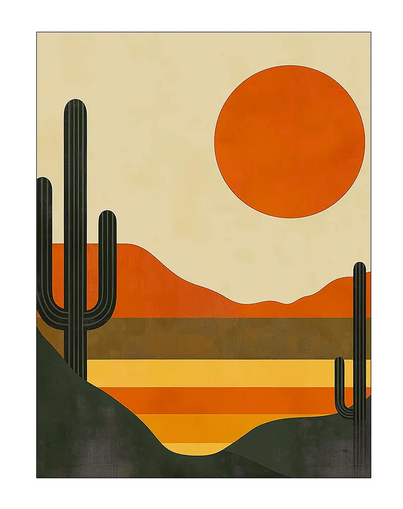 A minimalist illustration of a desert landscape featuring tall cacti and a vibrant orange sun against layered earthy tones.