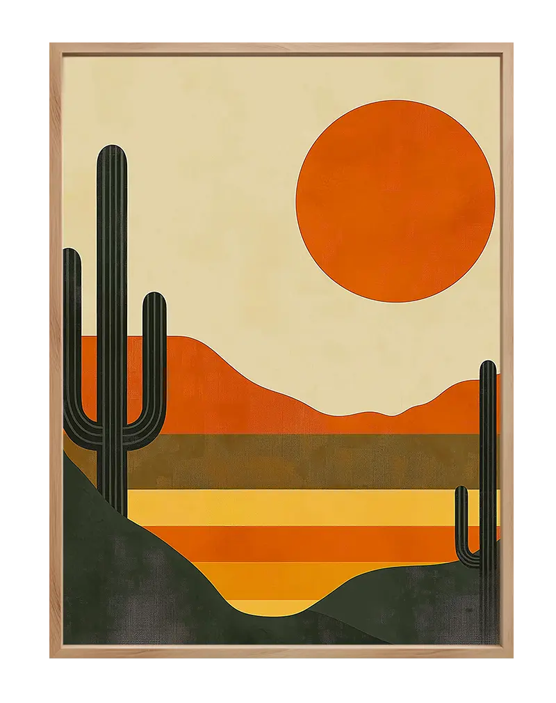 A minimalist illustration of a desert landscape featuring tall cacti and a vibrant orange sun against layered earthy tones.