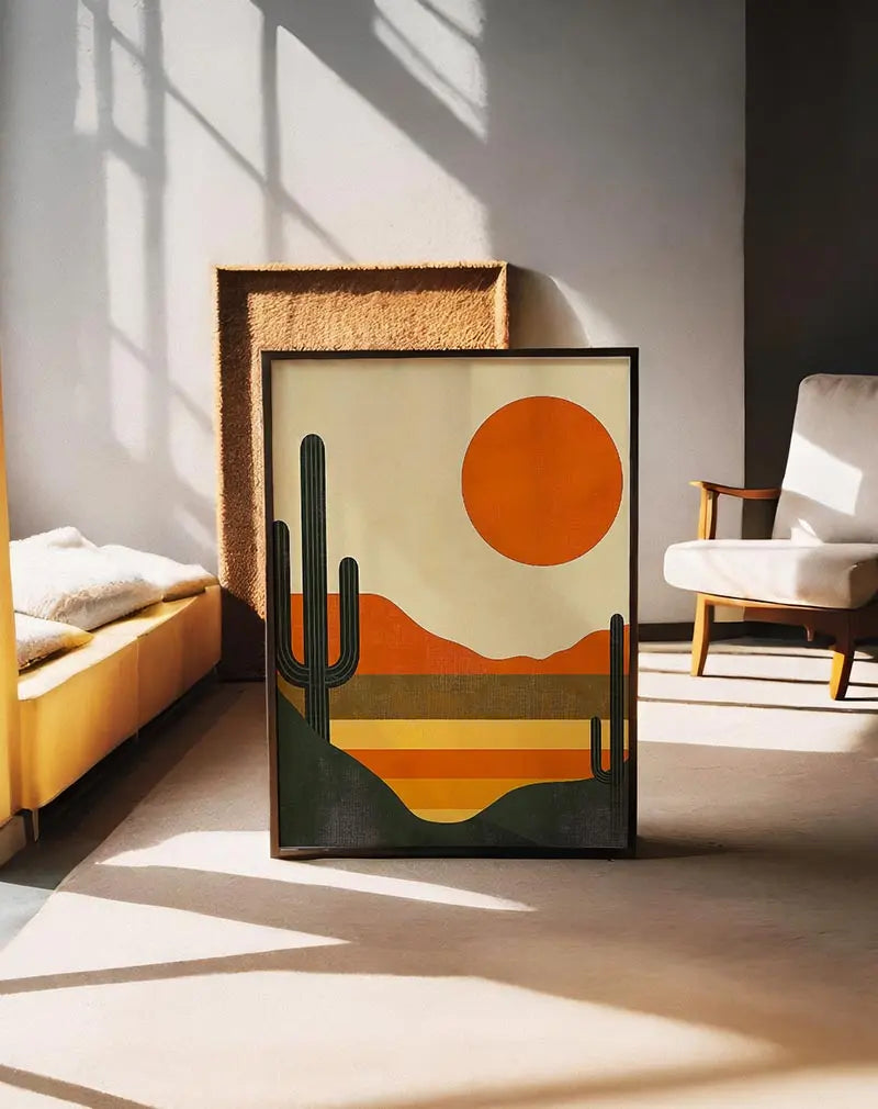 A minimalist illustration of a desert landscape featuring tall cacti and a vibrant orange sun against layered earthy tones.