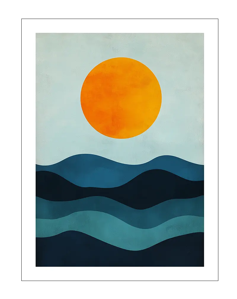 A minimalist illustration of a bright orange sun over layered blue waves on a light sky background.