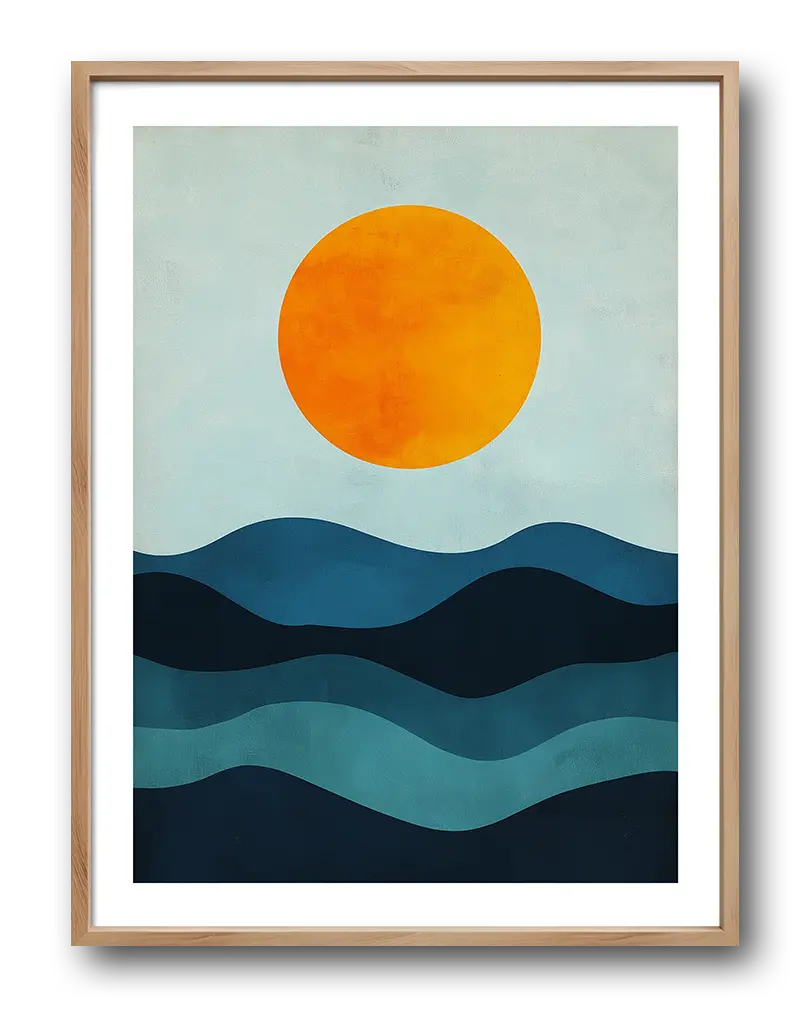 A minimalist illustration of a bright orange sun over layered blue waves on a light sky background.