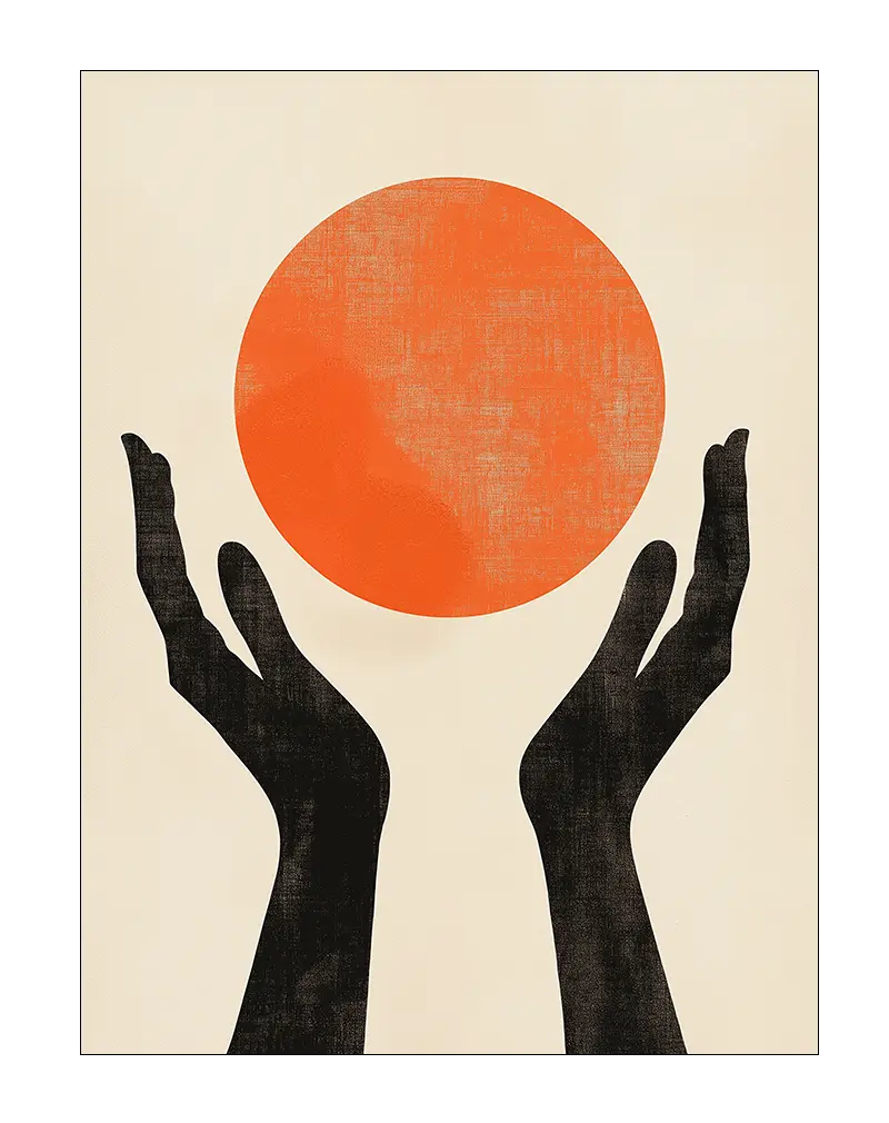 Abstract illustration of black hands holding a textured orange circle. Perfect wall art for adding a touch of minimalistic and modern design.