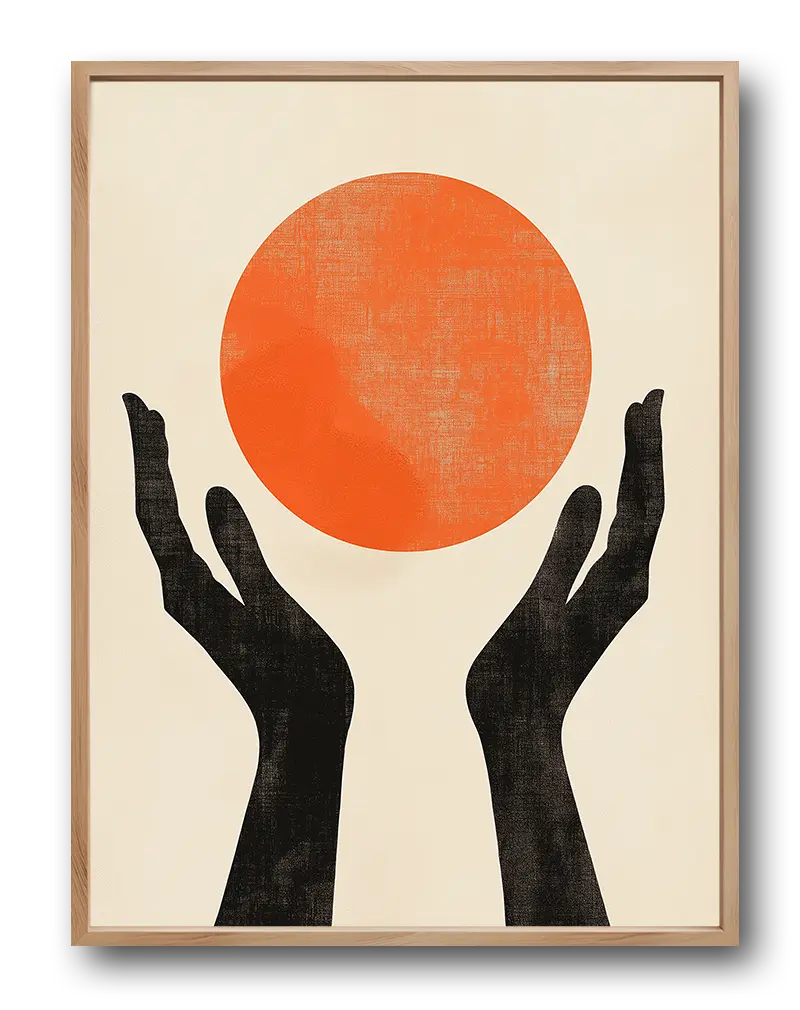 Abstract illustration of black hands holding a textured orange circle. Perfect wall art for adding a touch of minimalistic and modern design.