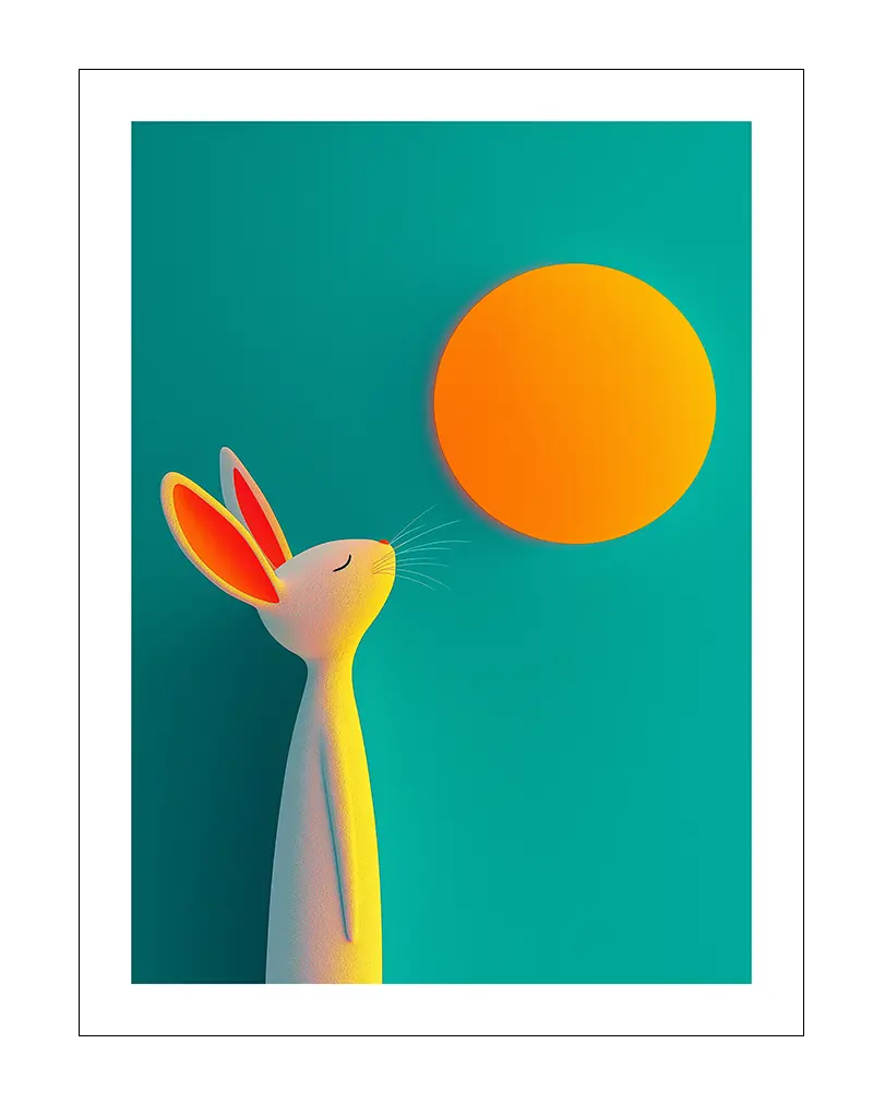 Colorful illustration of a rabbit facing an orange sun on a turquoise background. A playful and vibrant piece for wall decor.