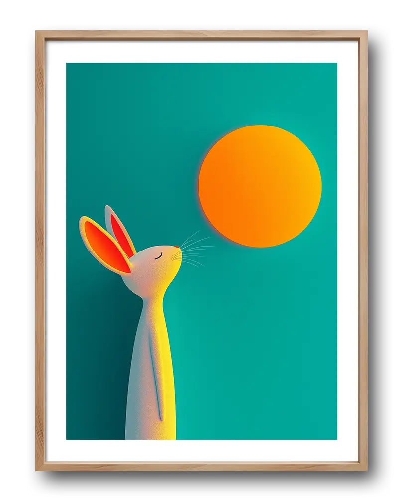 Colorful illustration of a rabbit facing an orange sun on a turquoise background. A playful and vibrant piece for wall decor.