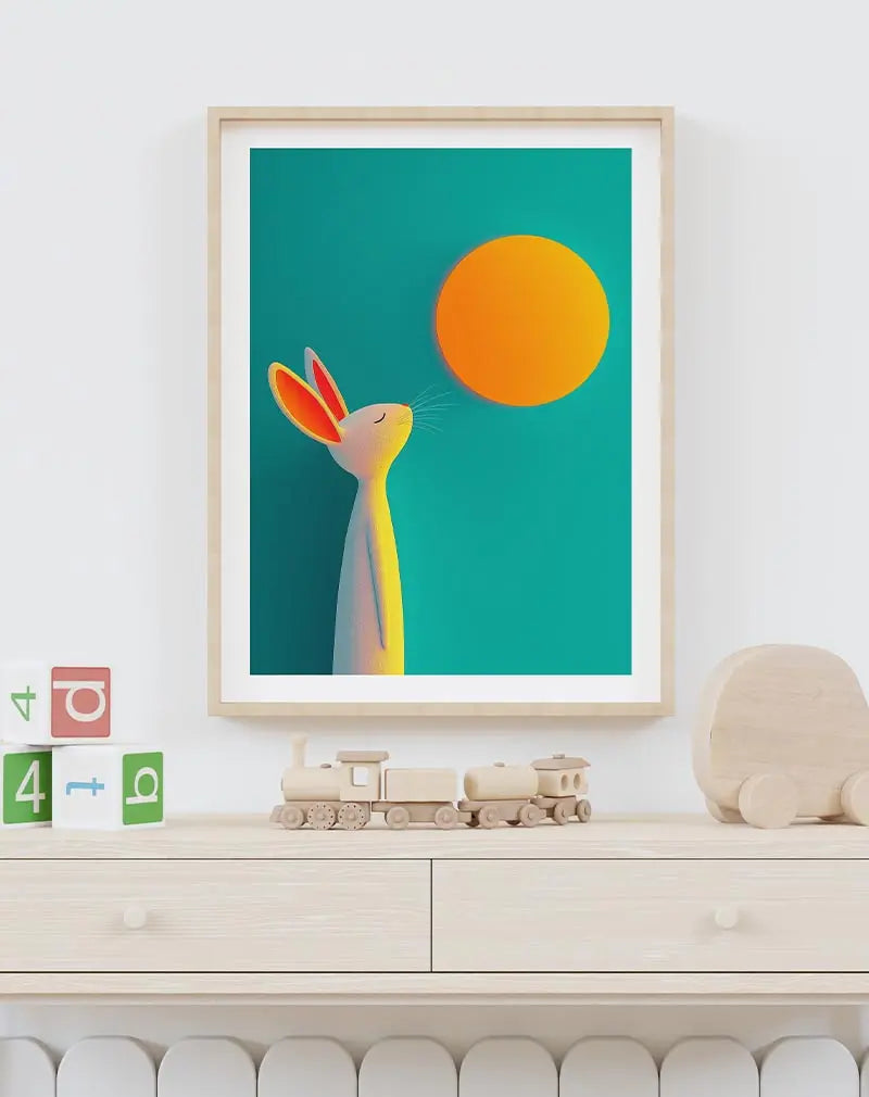 Colorful illustration of a rabbit facing an orange sun on a turquoise background. A playful and vibrant piece for wall decor.