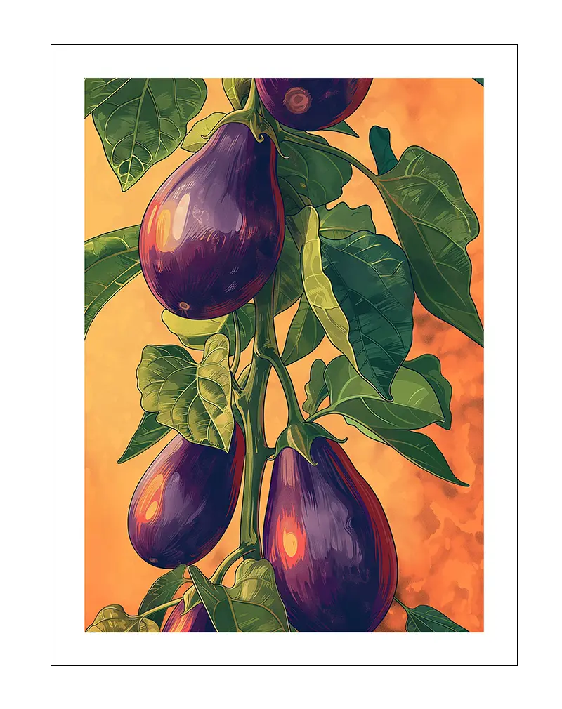 An illustration of ripe eggplants growing on the plant, set against a warm background. Perfect wall art for kitchens or garden enthusiasts, bringing a touch of nature and freshness to your home decor