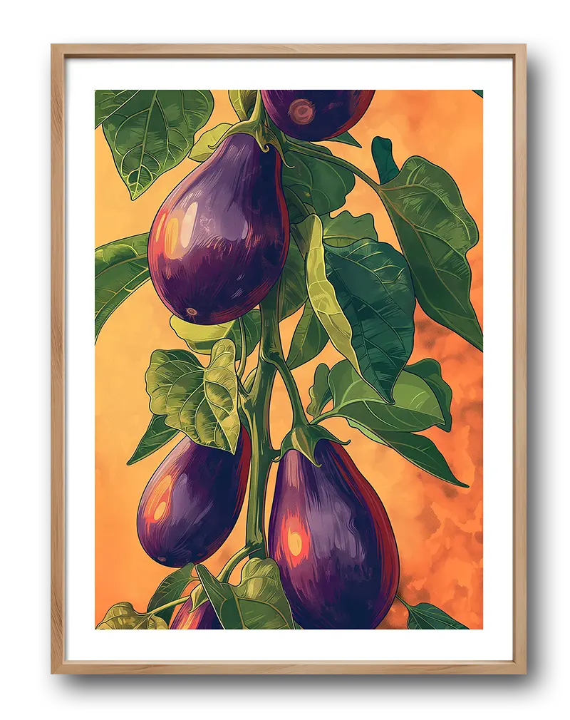 An illustration of ripe eggplants growing on the plant, set against a warm background. Perfect wall art for kitchens or garden enthusiasts, bringing a touch of nature and freshness to your home decor