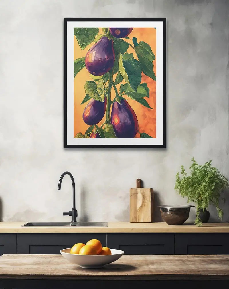 An illustration of ripe eggplants growing on the plant, set against a warm background. Perfect wall art for kitchens or garden enthusiasts, bringing a touch of nature and freshness to your home decor