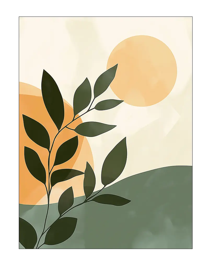 An abstract illustration of green leaves against an orange sun, creating a minimalist and modern design. Perfect wall art for a contemporary touch.