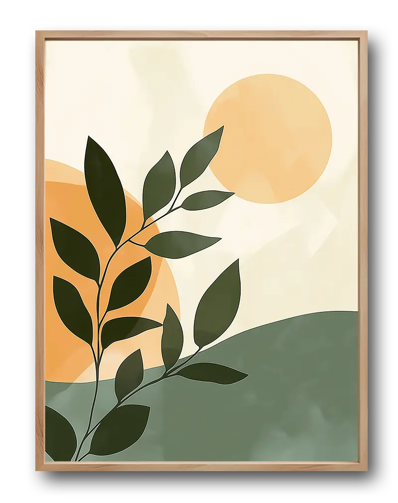 An abstract illustration of green leaves against an orange sun, creating a minimalist and modern design. Perfect wall art for a contemporary touch.