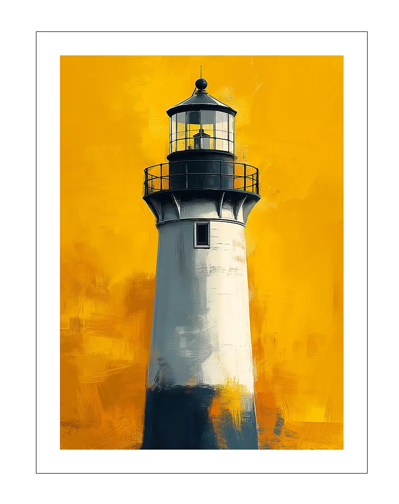 A vintage-style illustration of a lighthouse set against a bold yellow background. The strong contrast and textured brushstrokes give it a unique artistic feel. Perfect wall art for nautical decor or adding a pop of color to any room.