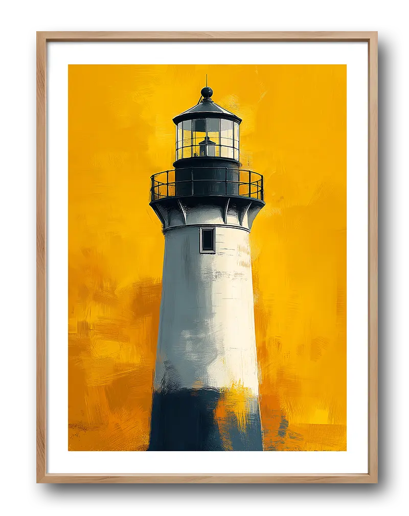 A vintage-style illustration of a lighthouse set against a bold yellow background. The strong contrast and textured brushstrokes give it a unique artistic feel. Perfect wall art for nautical decor or adding a pop of color to any room.