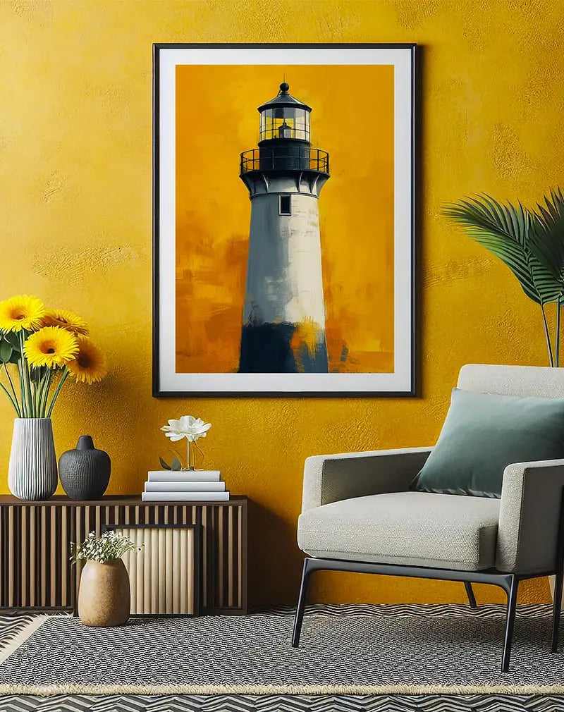 A vintage-style illustration of a lighthouse set against a bold yellow background. The strong contrast and textured brushstrokes give it a unique artistic feel. Perfect wall art for nautical decor or adding a pop of color to any room.