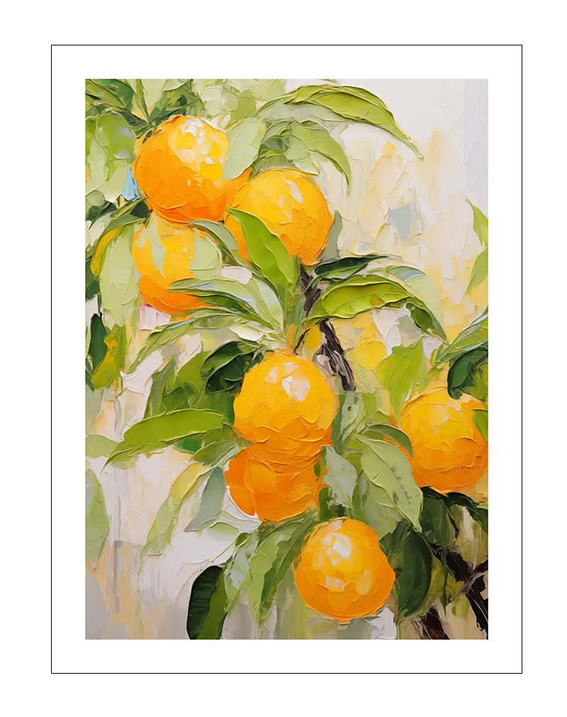 A textured illustration of ripe oranges hanging from a tree, painted with vibrant strokes. Perfect wall art for brightening up kitchens or dining areas, adding a splash of color and freshness to your space