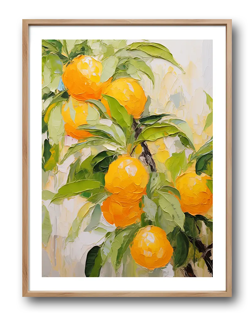 A textured illustration of ripe oranges hanging from a tree, painted with vibrant strokes. Perfect wall art for brightening up kitchens or dining areas, adding a splash of color and freshness to your space