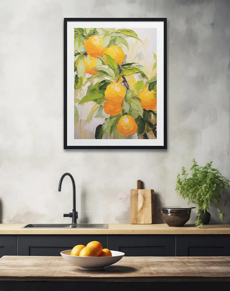 A textured illustration of ripe oranges hanging from a tree, painted with vibrant strokes. Perfect wall art for brightening up kitchens or dining areas, adding a splash of color and freshness to your space