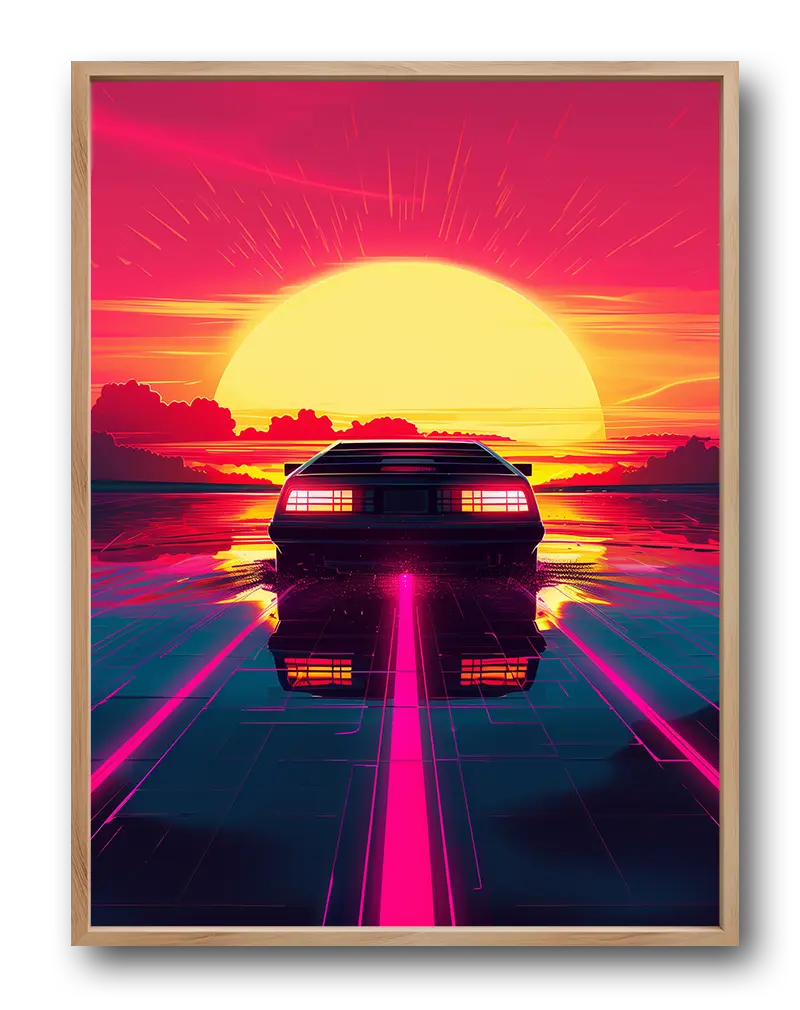 A retro-futuristic car speeding towards a massive setting sun, with vivid neon colors and a vibrant atmosphere. Perfect wall art for lovers of 80s aesthetics and bold, nostalgic design