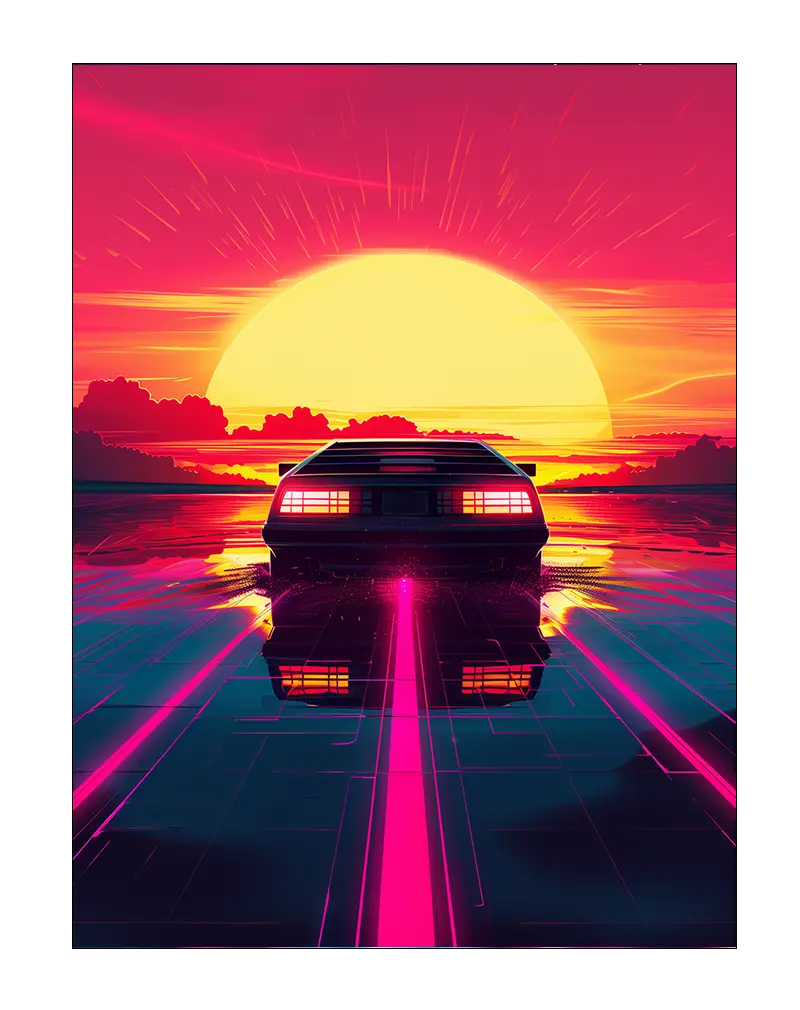 A retro-futuristic car speeding towards a massive setting sun, with vivid neon colors and a vibrant atmosphere. Perfect wall art for lovers of 80s aesthetics and bold, nostalgic design