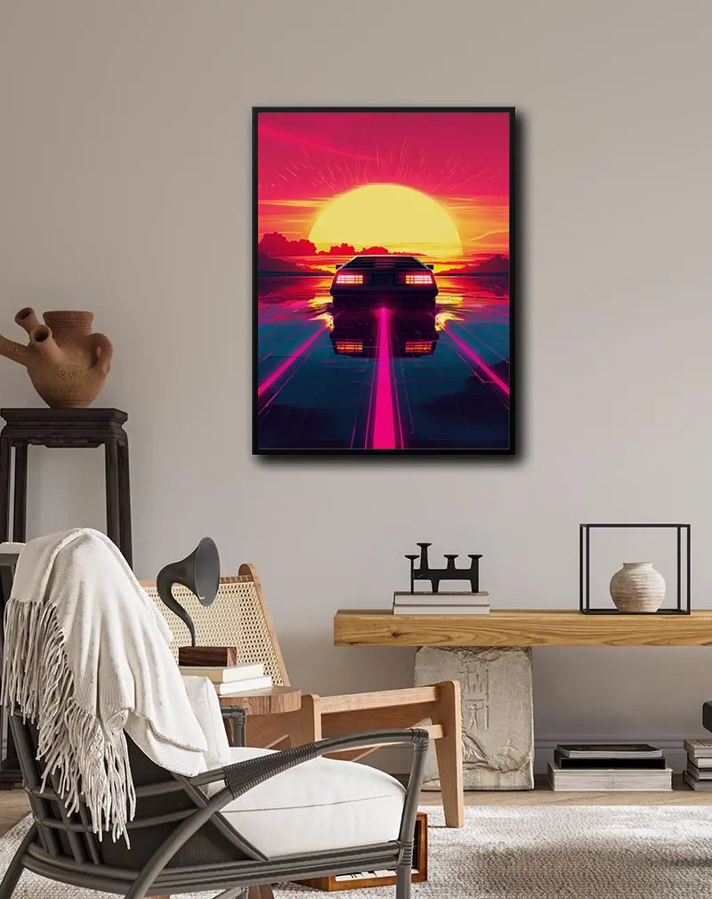 A retro-futuristic car speeding towards a massive setting sun, with vivid neon colors and a vibrant atmosphere. Perfect wall art for lovers of 80s aesthetics and bold, nostalgic design