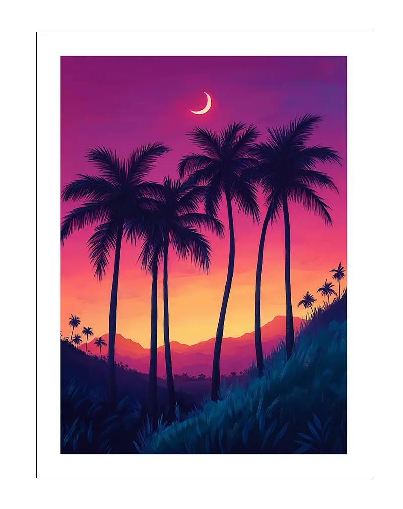 A vibrant illustration of a tropical sunset with towering palm trees and a crescent moon in the purple sky. Perfect wall art for adding an exotic and calming touch to any room.