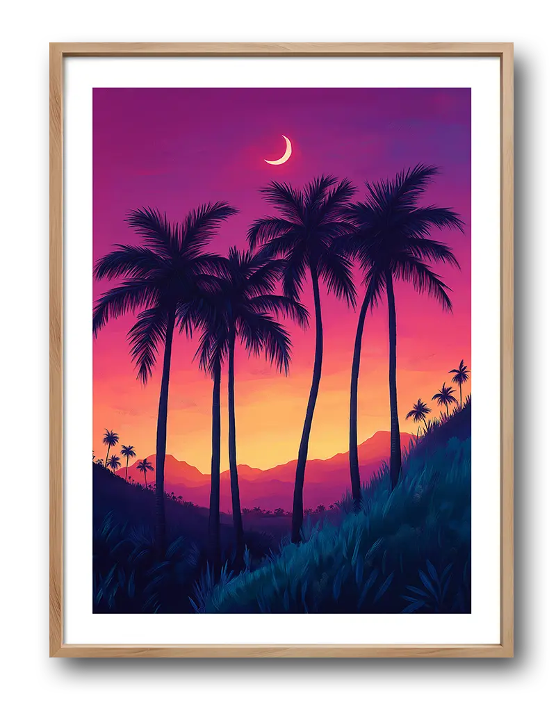 A vibrant illustration of a tropical sunset with towering palm trees and a crescent moon in the purple sky. Perfect wall art for adding an exotic and calming touch to any room.