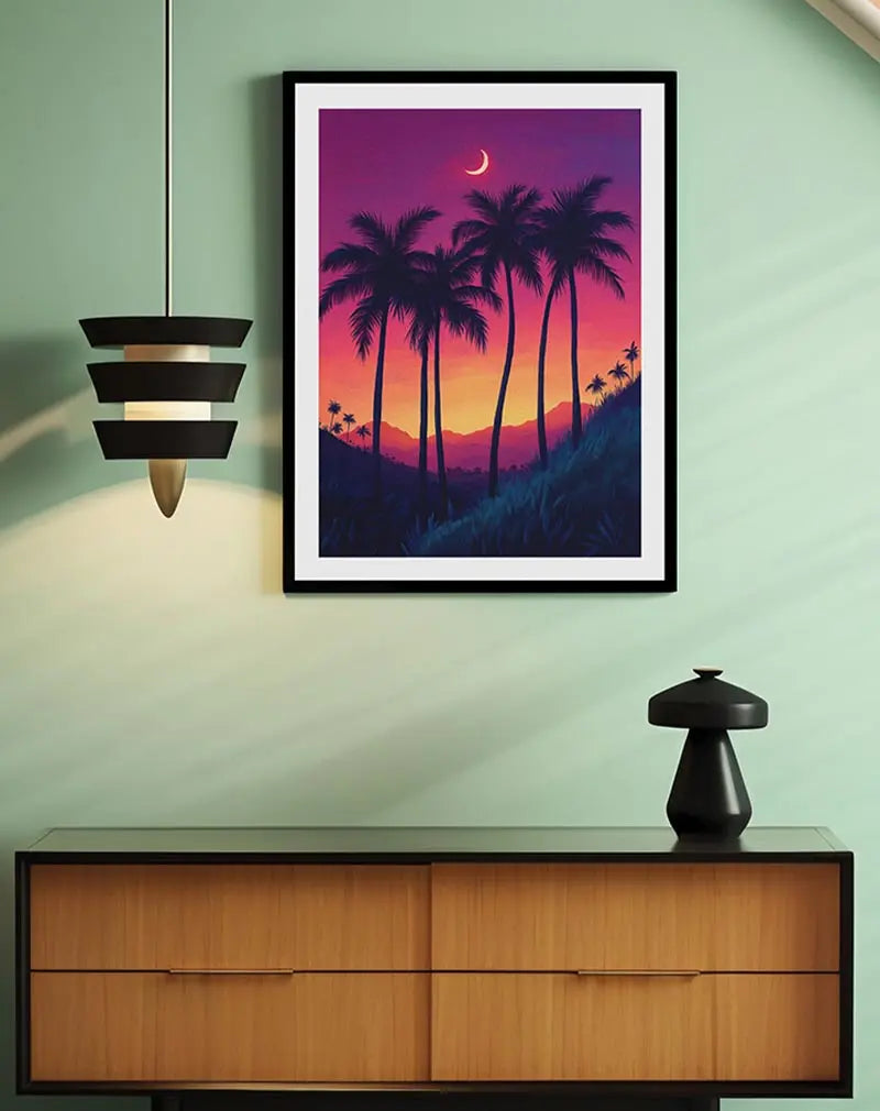 A vibrant illustration of a tropical sunset with towering palm trees and a crescent moon in the purple sky. Perfect wall art for adding an exotic and calming touch to any room.