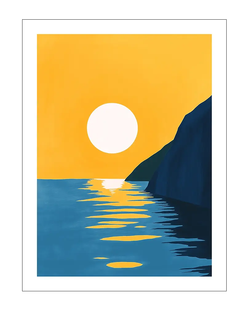 A minimalist sunset scene with a bright sun setting over calm waters and a coastal silhouette. Perfect wall art for adding a serene and modern touch to your space