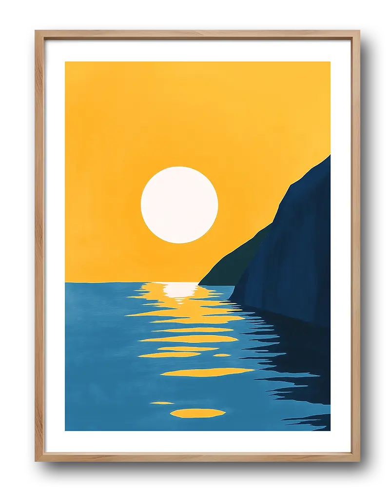 A minimalist sunset scene with a bright sun setting over calm waters and a coastal silhouette. Perfect wall art for adding a serene and modern touch to your space