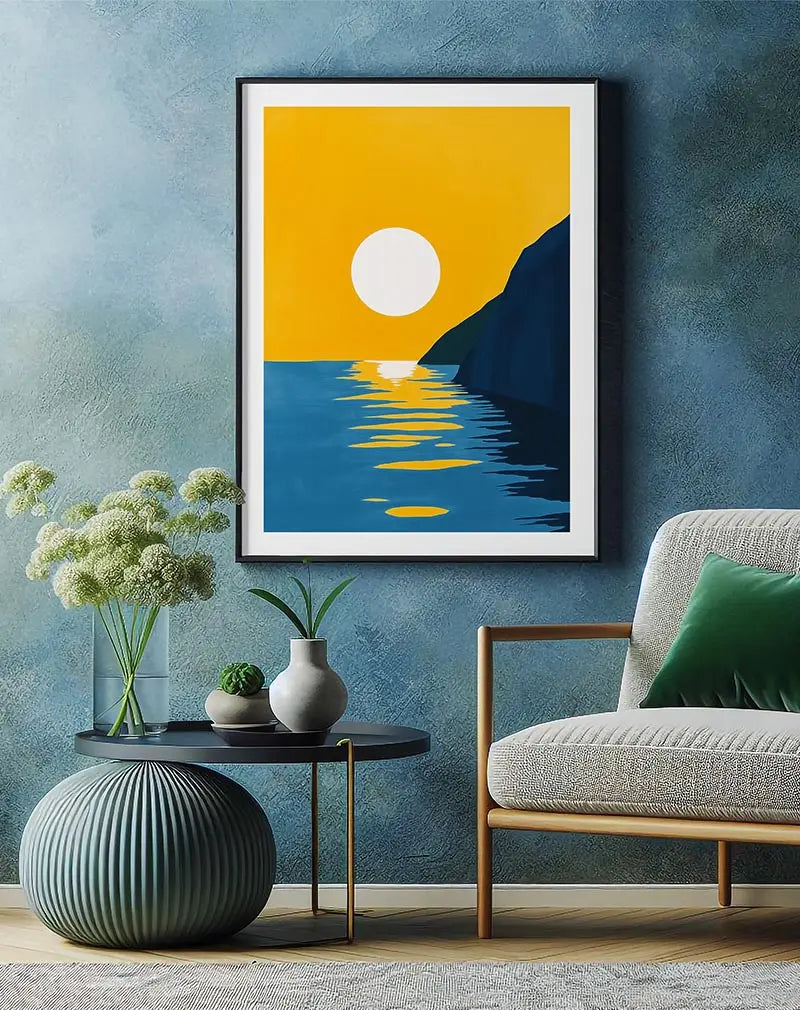 A minimalist sunset scene with a bright sun setting over calm waters and a coastal silhouette. Perfect wall art for adding a serene and modern touch to your space