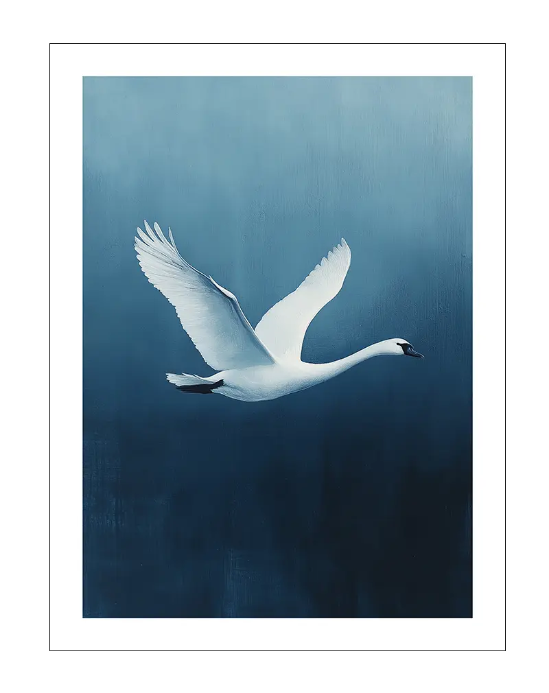 A graceful illustration of a white swan soaring through the air against a soft blue background. The elegant wings spread wide, capturing the beauty and freedom of flight. Perfect wall art for bringing a sense of calm and nature into any room, ideal for bedrooms or living spaces