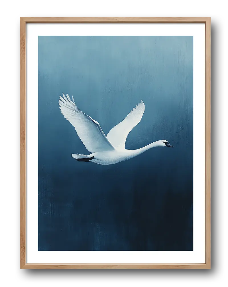 A graceful illustration of a white swan soaring through the air against a soft blue background. The elegant wings spread wide, capturing the beauty and freedom of flight. Perfect wall art for bringing a sense of calm and nature into any room, ideal for bedrooms or living spaces