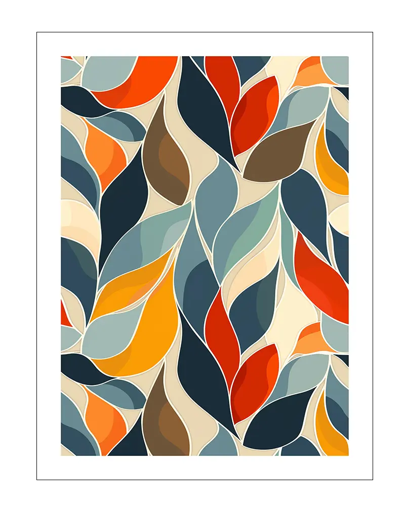 A vibrant abstract leaf pattern with bold colors of orange, blue, and yellow. Perfect wall art for adding a playful and modern vibe to your home decor