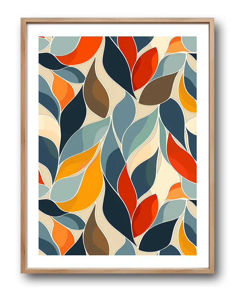 A vibrant abstract leaf pattern with bold colors of orange, blue, and yellow. Perfect wall art for adding a playful and modern vibe to your home decor