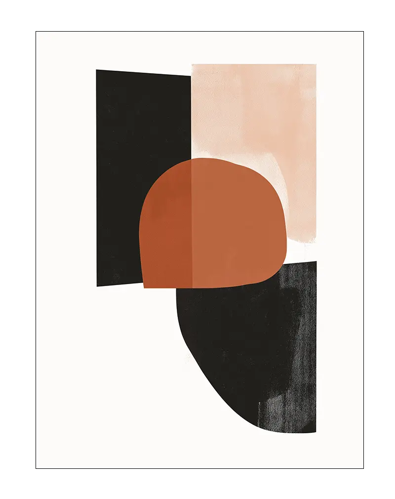 A geometric abstract illustration with bold shapes in earthy tones of terracotta, black, and beige.