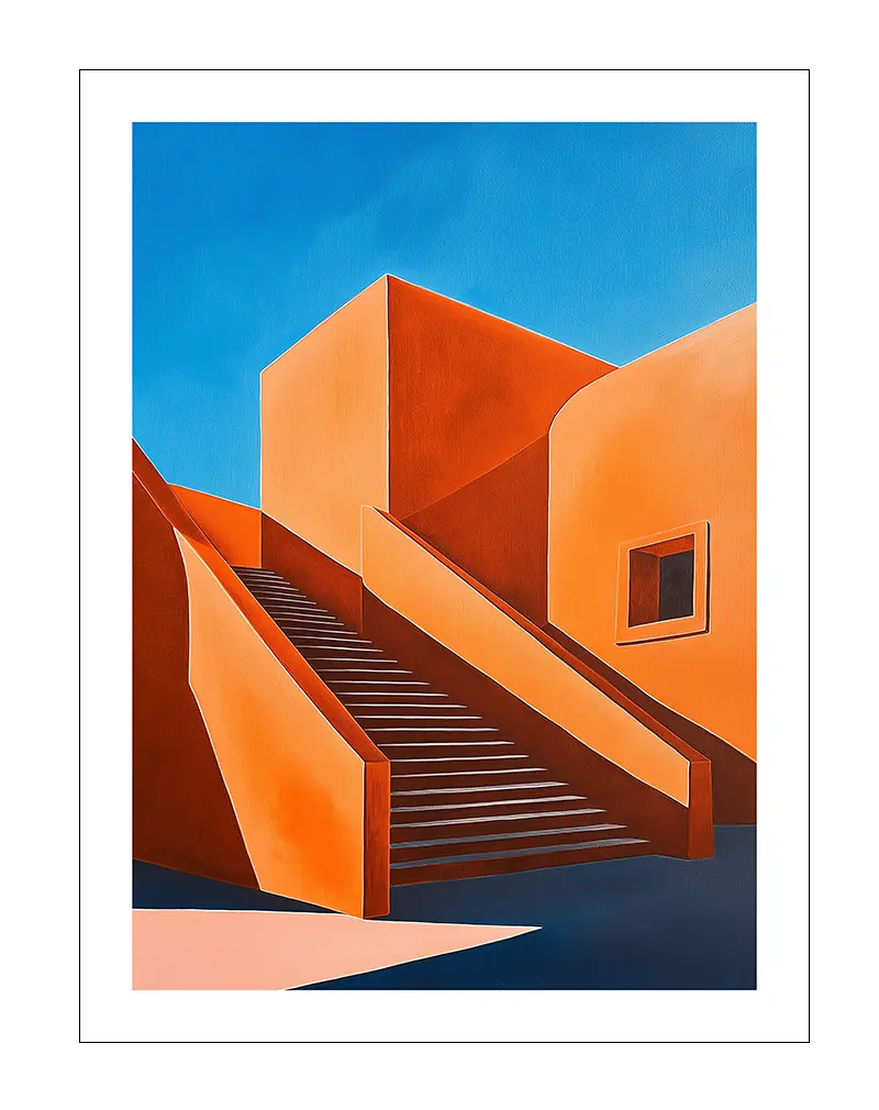 Abstract architectural design with orange and blue geometric shapes and stairs. Perfect wall art for a modern and bold interior.