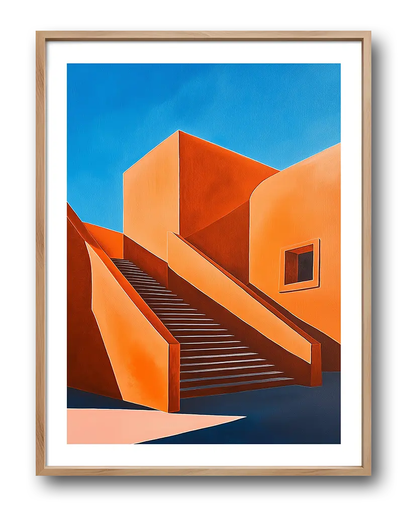 Abstract architectural design with orange and blue geometric shapes and stairs. Perfect wall art for a modern and bold interior.