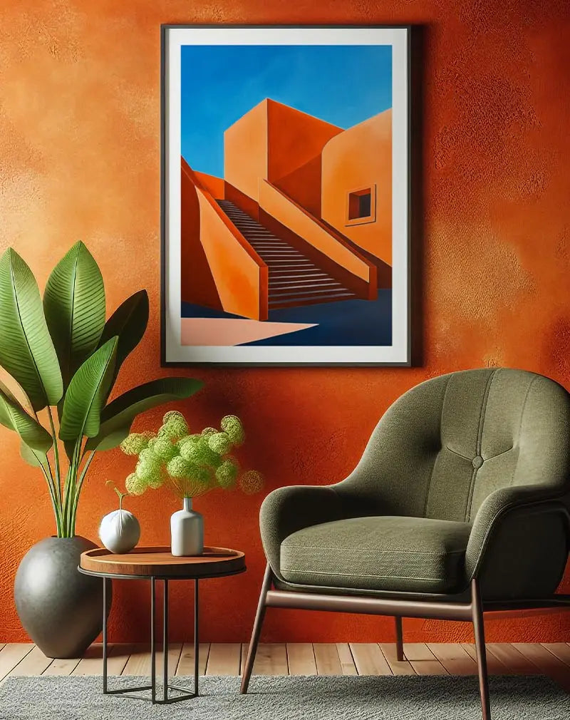 Abstract architectural design with orange and blue geometric shapes and stairs. Perfect wall art for a modern and bold interior.